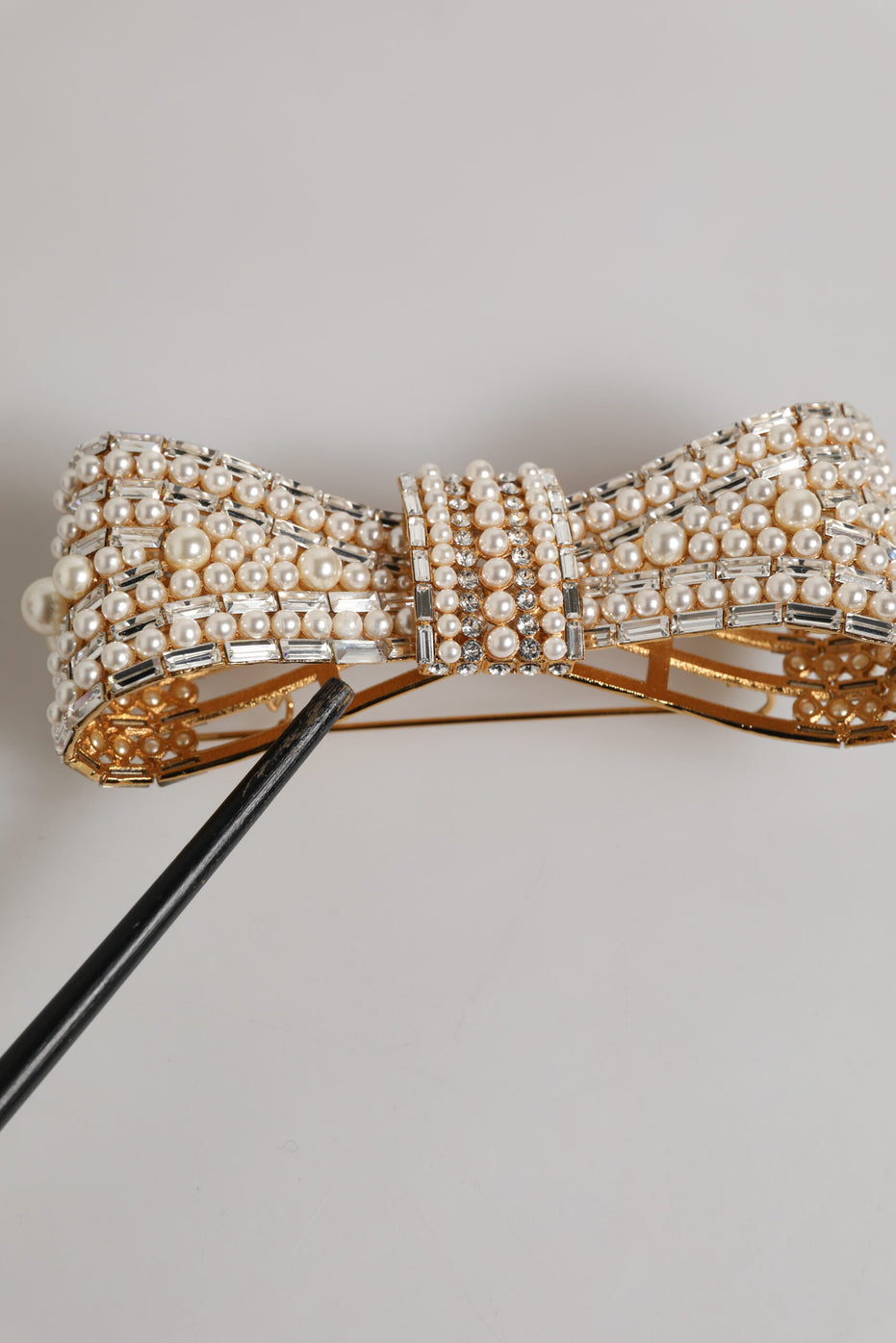 Dolce & Gabbana Gold Tone Brass Bow Crystal Faux Pearl Embellished Brooch