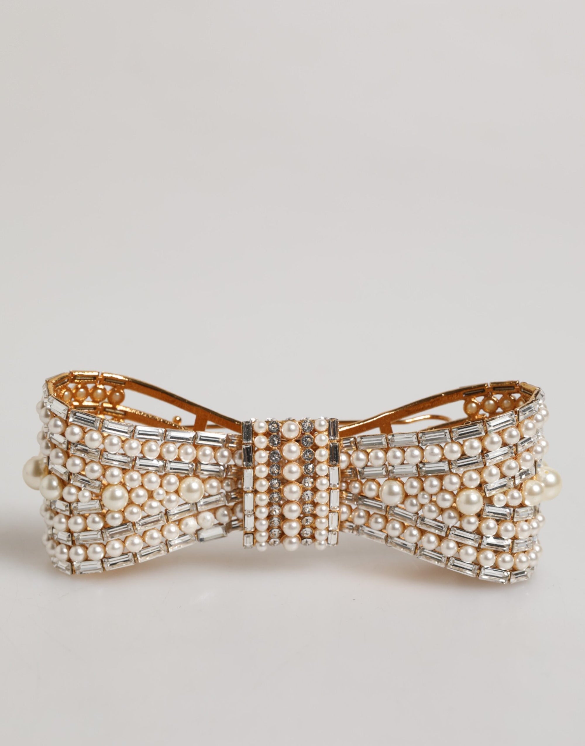 Dolce & Gabbana Gold Tone Brass Bow Crystal Faux Pearl Embellished Brooch