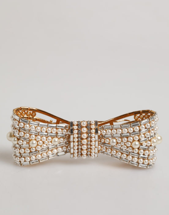 Dolce & Gabbana Gold Tone Brass Bow Crystal Faux Pearl Embellished Brooch