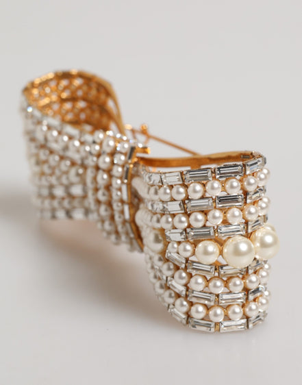 Dolce & Gabbana Gold Tone Brass Bow Crystal Faux Pearl Embellished Brooch