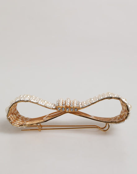 Dolce & Gabbana Gold Tone Brass Bow Crystal Faux Pearl Embellished Brooch