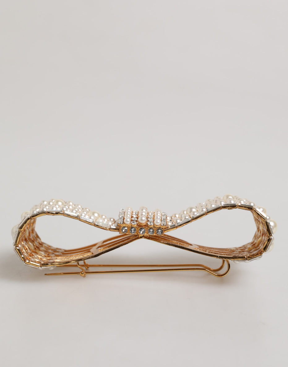 Dolce & Gabbana Gold Tone Brass Bow Crystal Faux Pearl Embellished Brooch