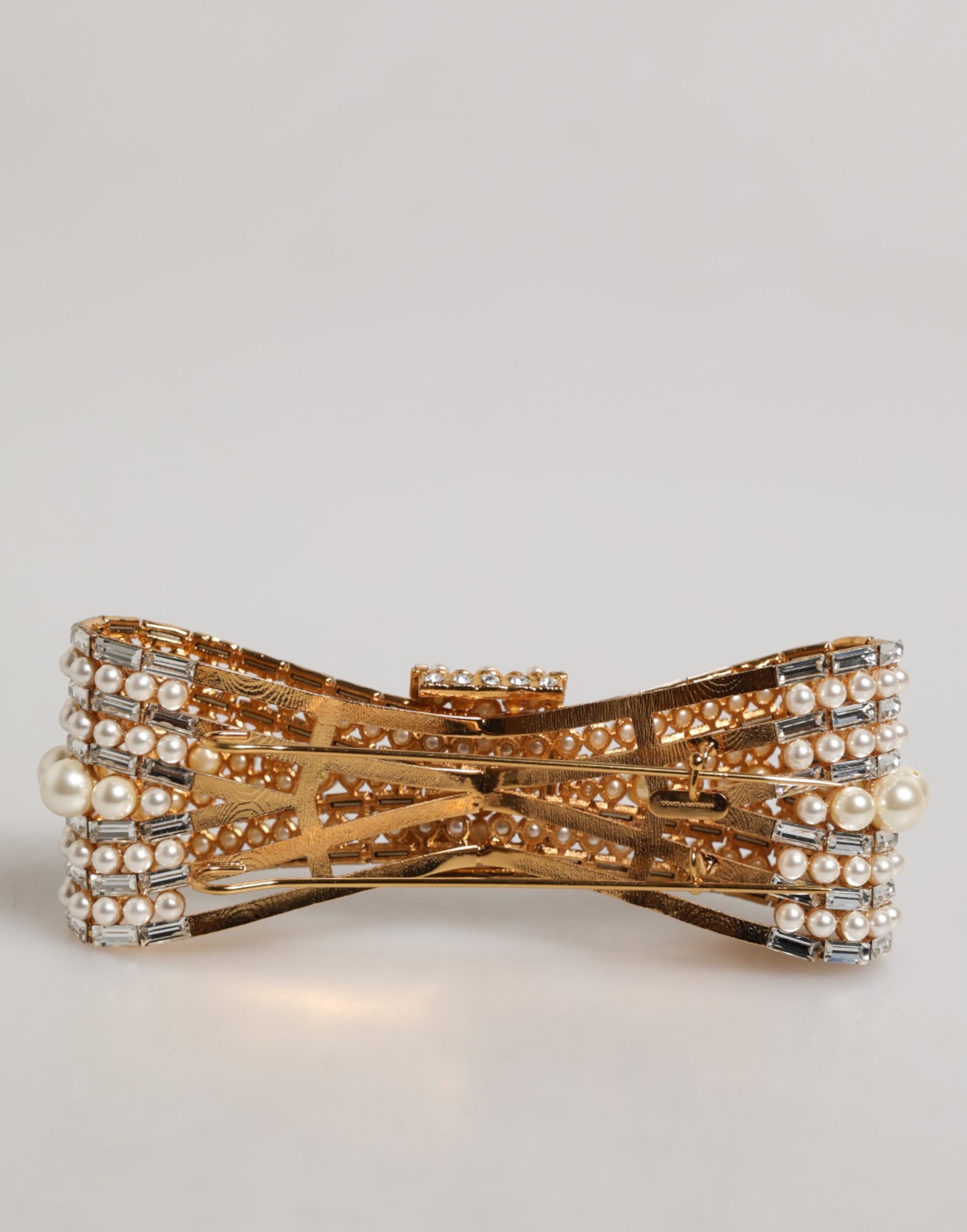 Dolce & Gabbana Gold Tone Brass Bow Crystal Faux Pearl Embellished Brooch