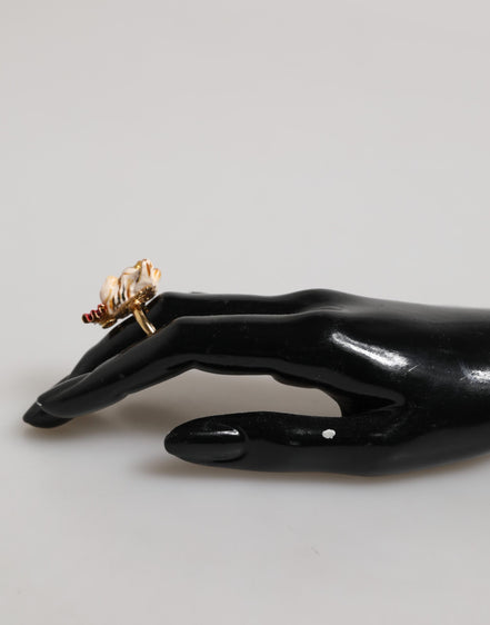Dolce & Gabbana Gold Brass Resin Beige Dog Pet Accessory Ring