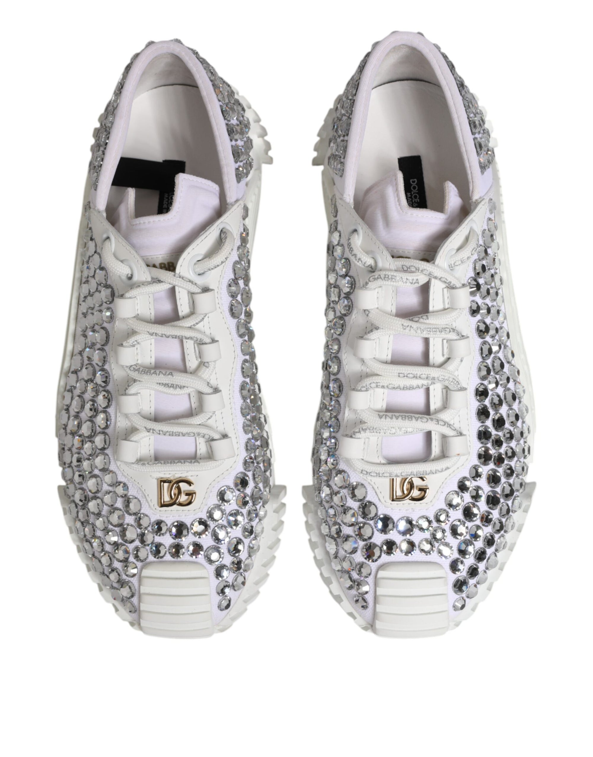 Dolce & Gabbana White NS1 Canvas Leather Embellished Sneakers Shoes