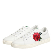 Dolce & Gabbana White Leather Rose Embroidery Low-Top  Shoes