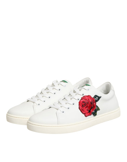 Dolce & Gabbana White Leather Rose Embroidery Low-Top  Shoes