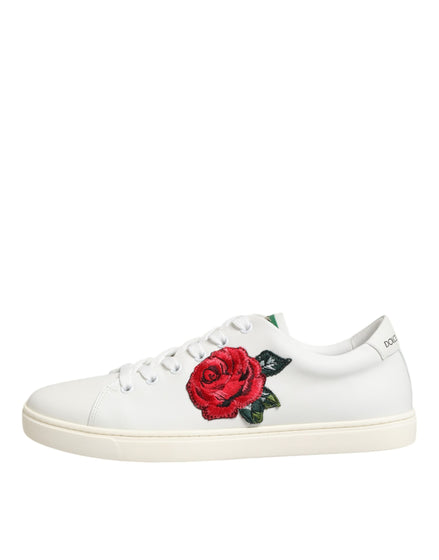 Dolce & Gabbana Λευκά Δερμάτινα Χαμηλά Παπούτσια με Κέντημα Τριαντάφυλλο