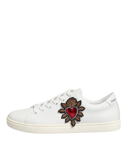 Dolce & Gabbana Λευκά Δερμάτινα Αθλητικά Παπούτσια με Μπάλωμα Ιερής Καρδιάς