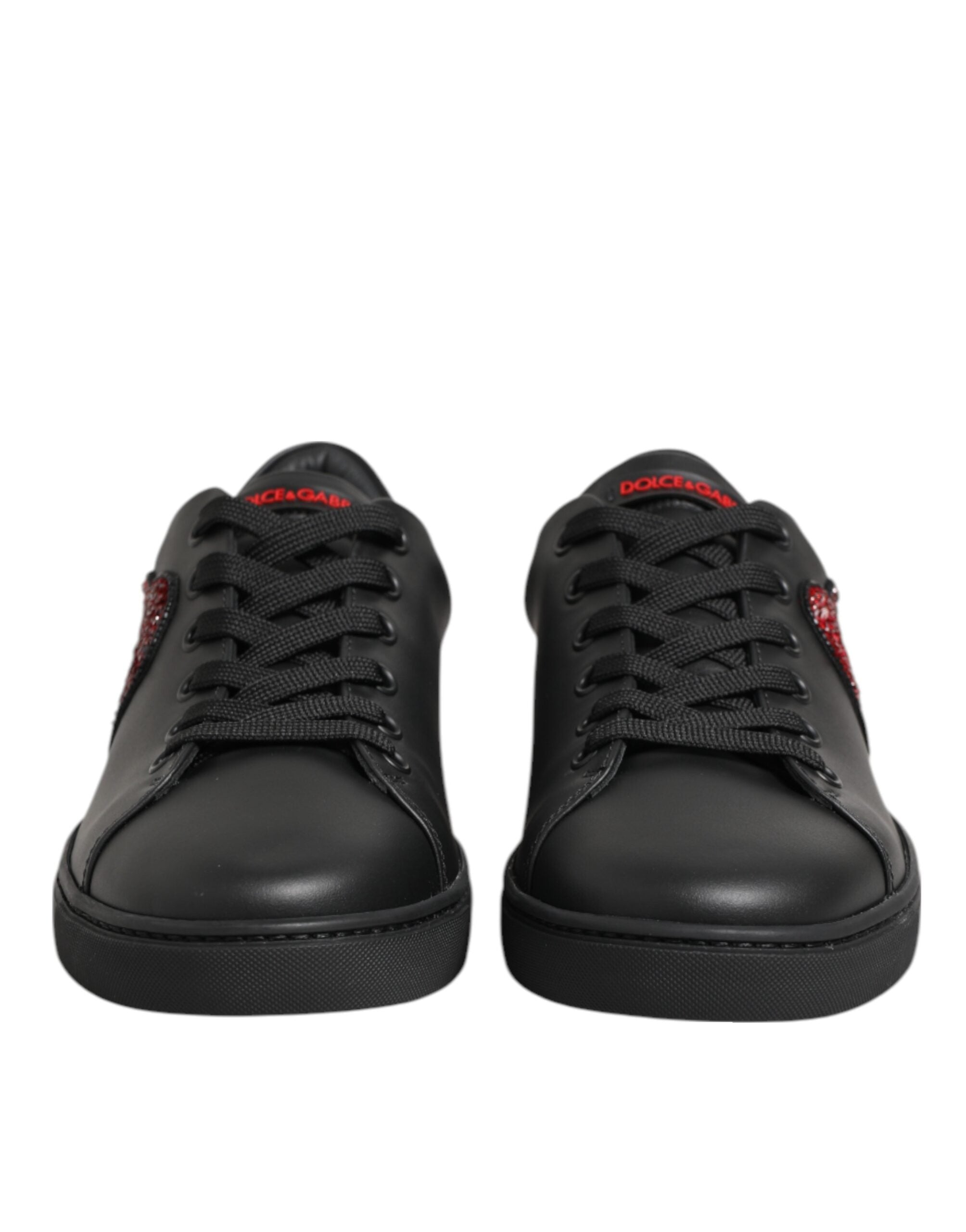 Dolce & Gabbana Μαύρα Δερμάτινα Sneakers Χαμηλού Προφίλ με Καρδιά από Κρύσταλλα