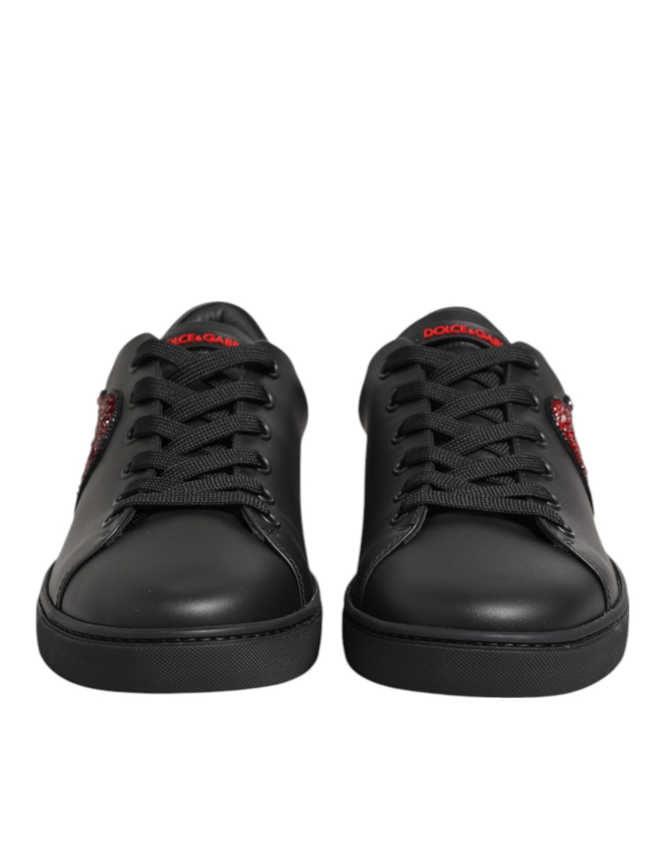 Dolce & Gabbana Μαύρα Δερμάτινα Sneakers Χαμηλού Προφίλ με Καρδιά από Κρύσταλλα