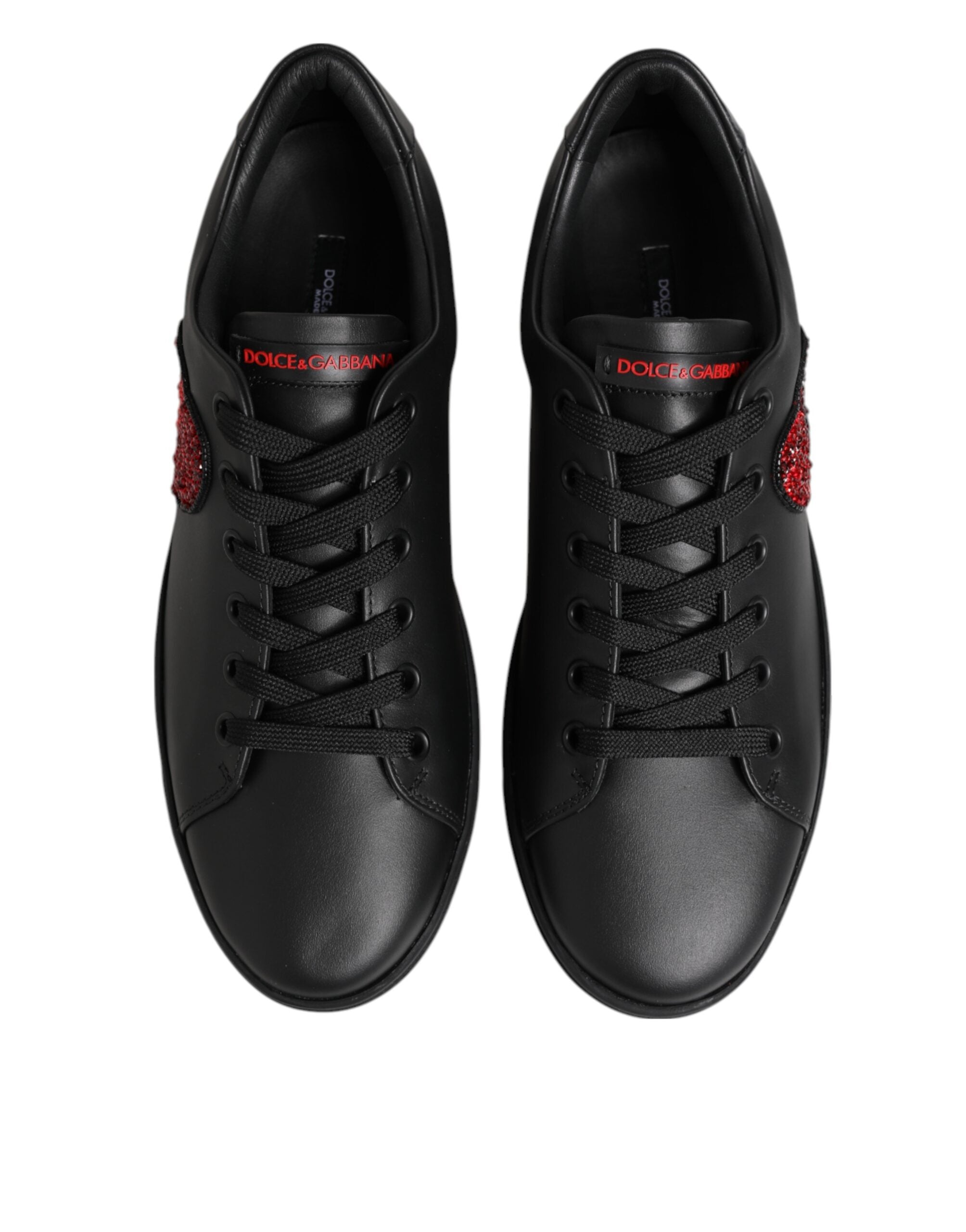 Dolce & Gabbana Μαύρα Δερμάτινα Sneakers Χαμηλού Προφίλ με Καρδιά από Κρύσταλλα