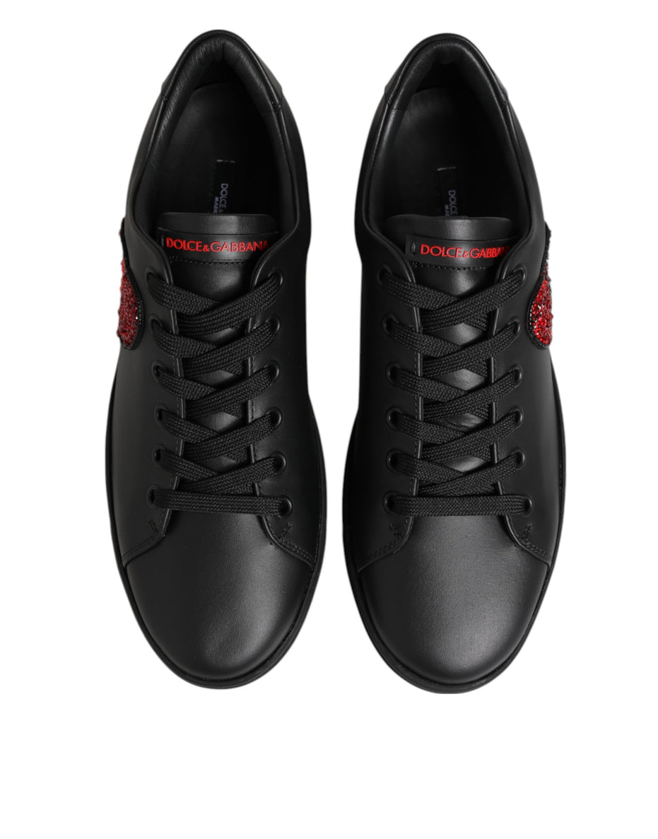 Dolce & Gabbana Μαύρα Δερμάτινα Sneakers Χαμηλού Προφίλ με Καρδιά από Κρύσταλλα