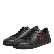 Dolce & Gabbana Black Leather Crystal Heart Low Top Sneakers  Shoes