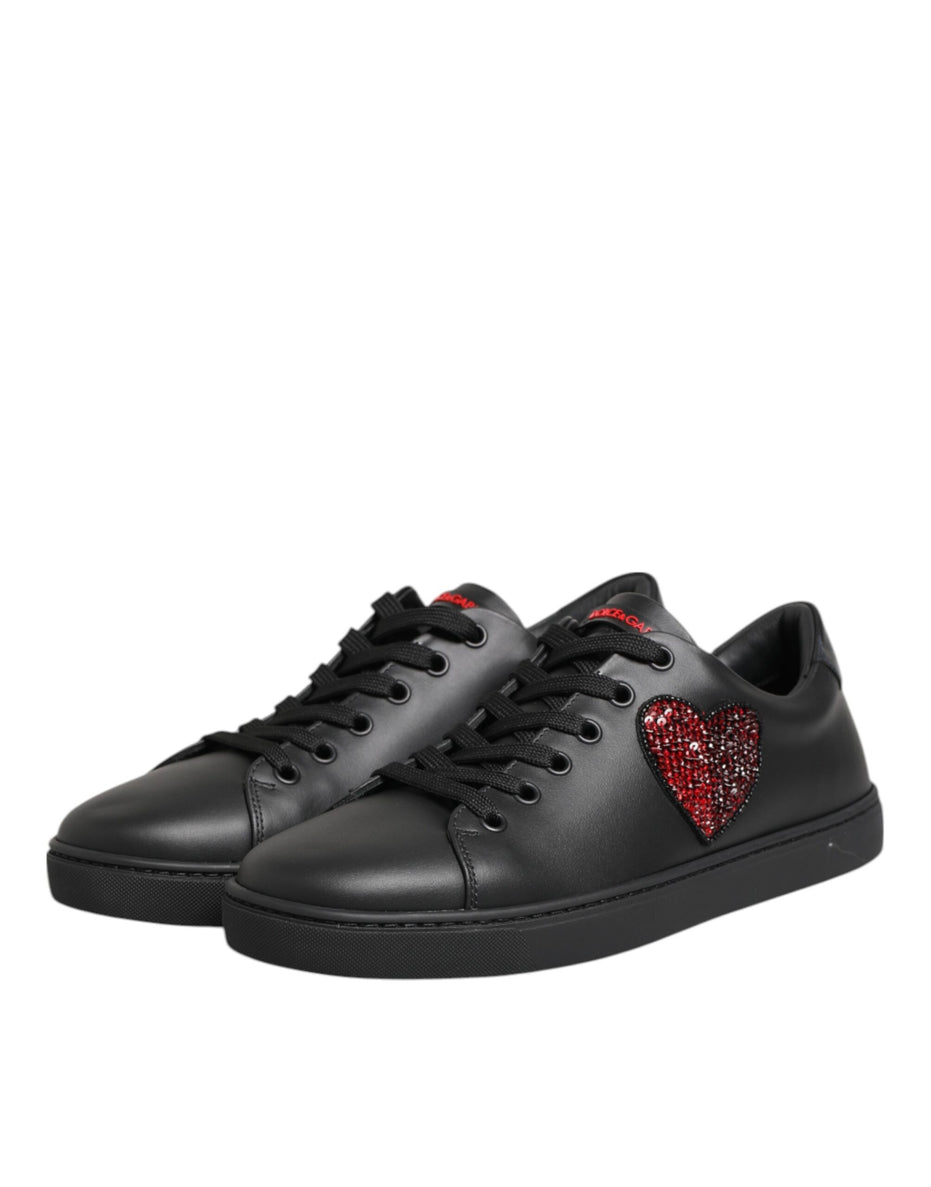 Dolce & Gabbana Μαύρα Δερμάτινα Sneakers Χαμηλού Προφίλ με Καρδιά από Κρύσταλλα