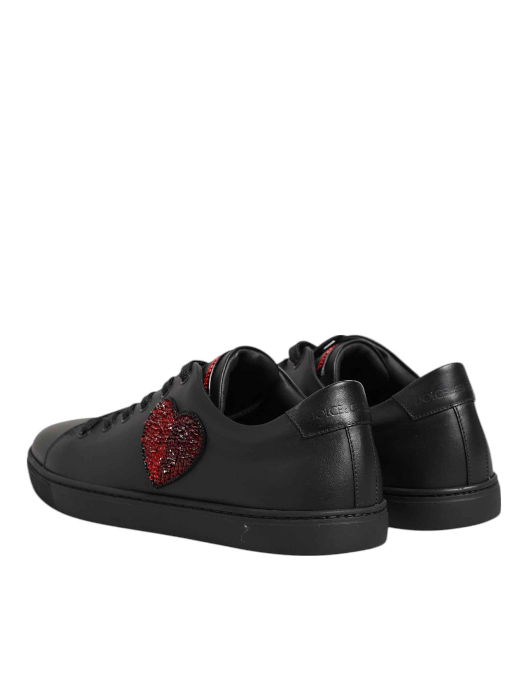 Dolce & Gabbana Μαύρα Δερμάτινα Sneakers Χαμηλού Προφίλ με Καρδιά από Κρύσταλλα