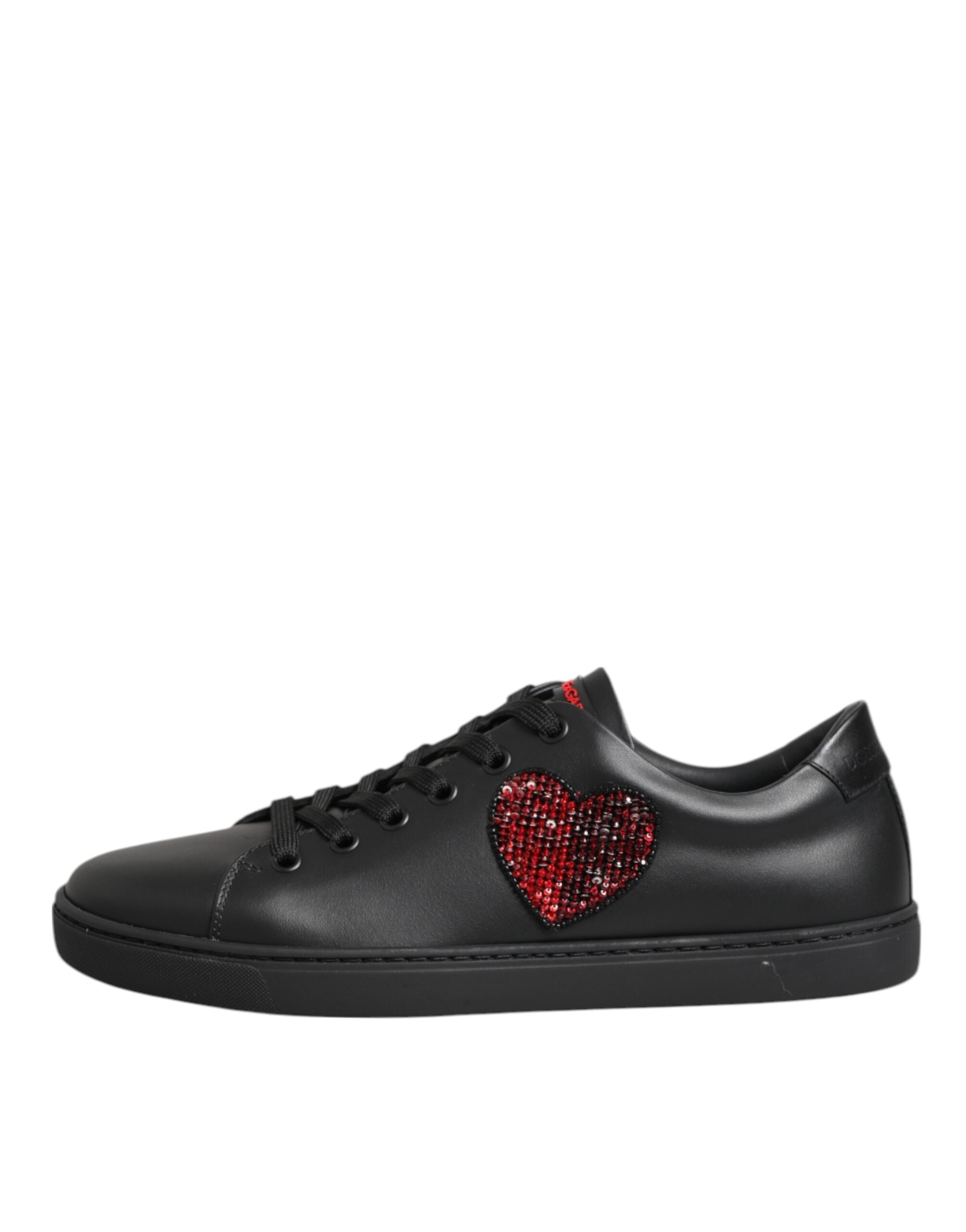 Dolce & Gabbana Μαύρα Δερμάτινα Sneakers Χαμηλού Προφίλ με Καρδιά από Κρύσταλλα