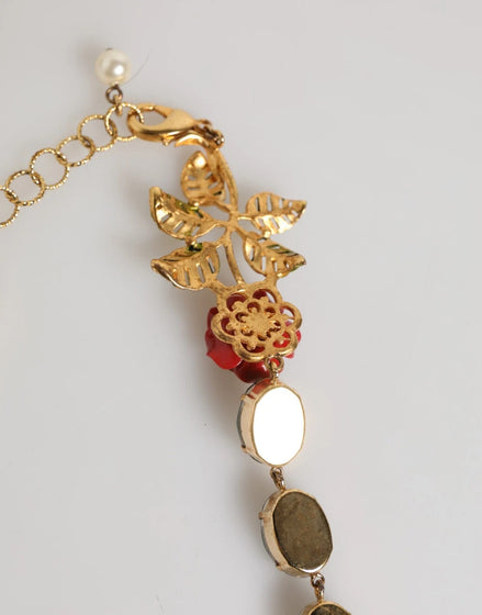 Κολιέ Dolce & Gabbana με κόκκινο τριαντάφυλλο, πράσινους κρυστάλλους και χρυσή αλυσίδα