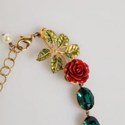 Dolce & Gabbana Red Rose Green Crystal Gold-Tone Chain Necklace