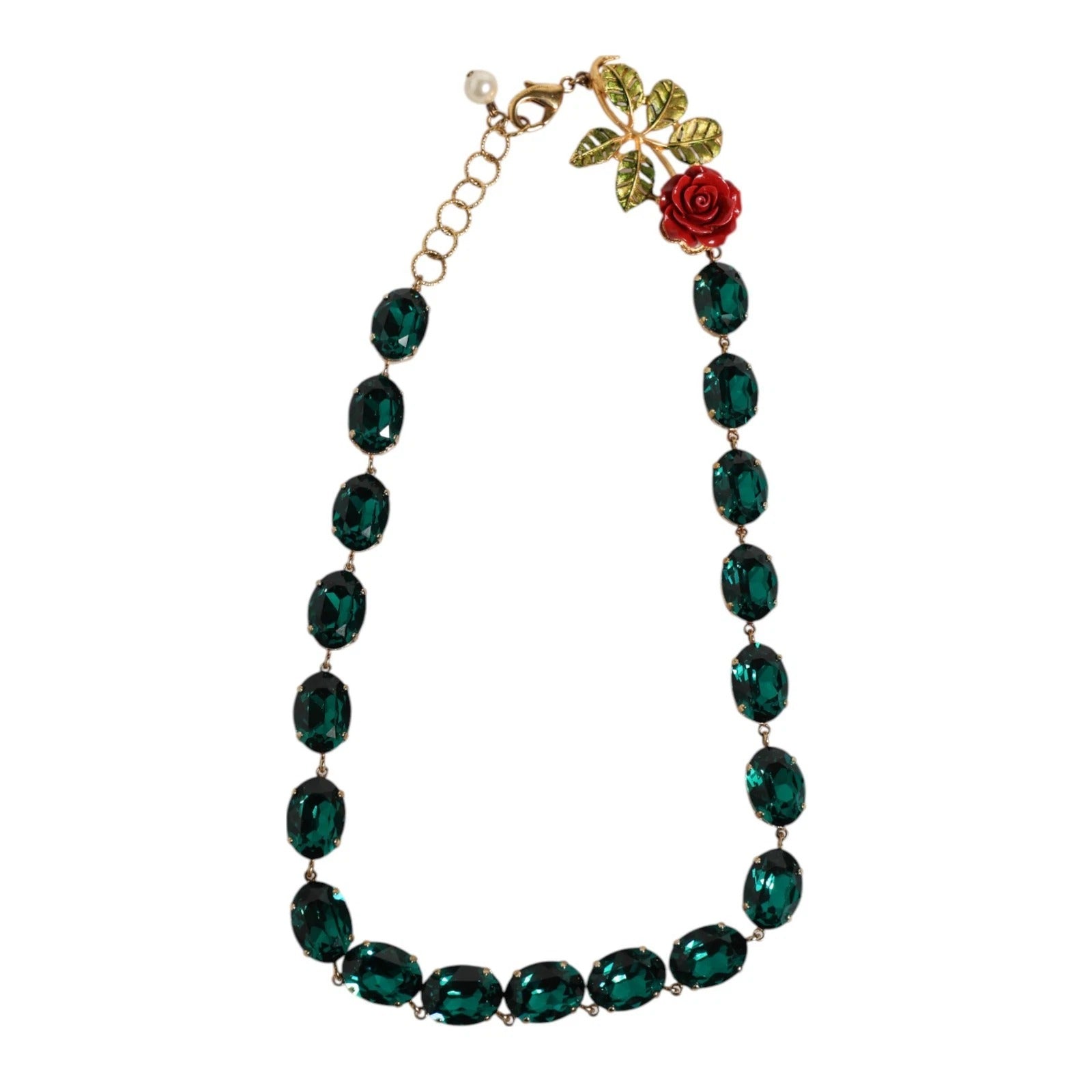 Κολιέ Dolce & Gabbana με κόκκινο τριαντάφυλλο, πράσινους κρυστάλλους και χρυσή αλυσίδα