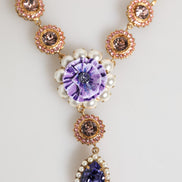 Dolce & Gabbana Gold Brass Crystal Pearl Purple Floral Pendant Jewelry Necklace