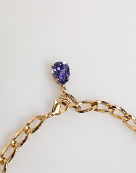 Dolce & Gabbana Gold Brass Crystal Pearl Purple Floral Pendant Jewelry Necklace