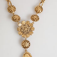 Dolce & Gabbana Gold Brass Crystal Pearl Purple Floral Pendant Jewelry Necklace