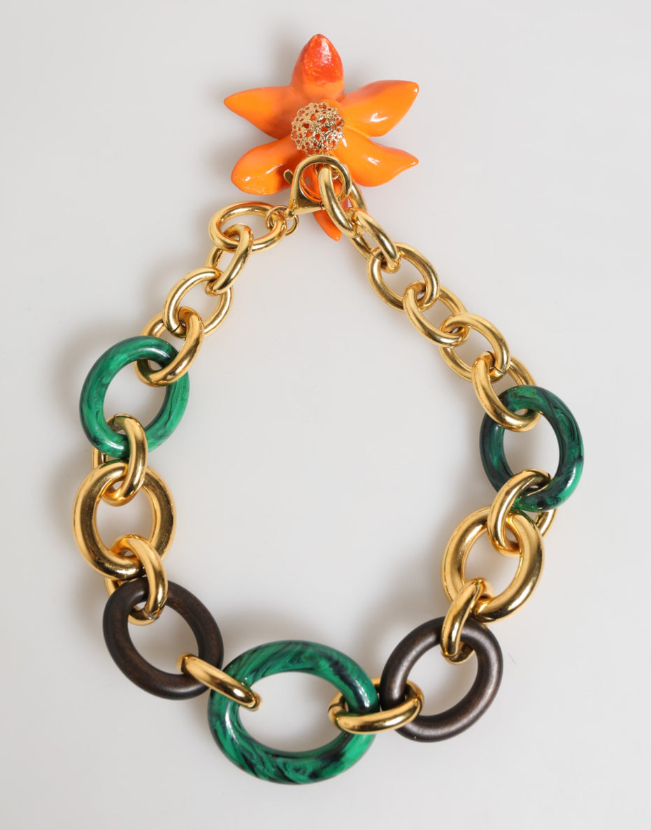 Dolce & Gabbana Multicolor Gold Brass Tiger Lily Floral Chai Necklace