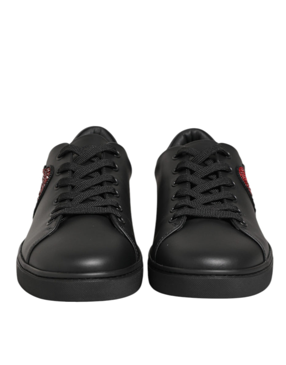 Dolce & Gabbana Μαύρα Δερμάτινα Αθλητικά Παπούτσια Sneakers με Καρδιά από Κρύσταλλα