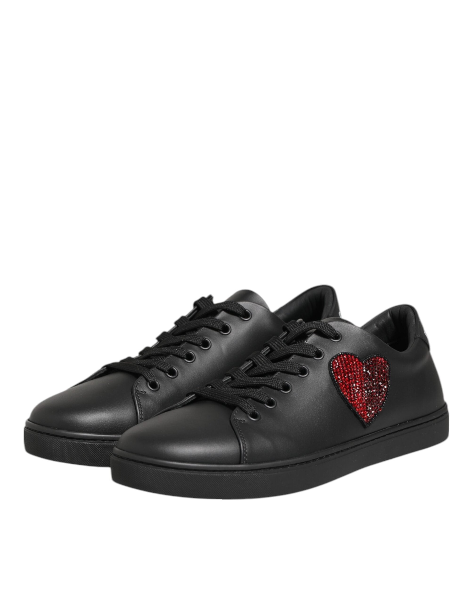 Dolce & Gabbana Μαύρα Δερμάτινα Αθλητικά Παπούτσια Sneakers με Καρδιά από Κρύσταλλα