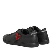 Dolce & Gabbana Black Leather Crystal Heart Sneakers  Shoes