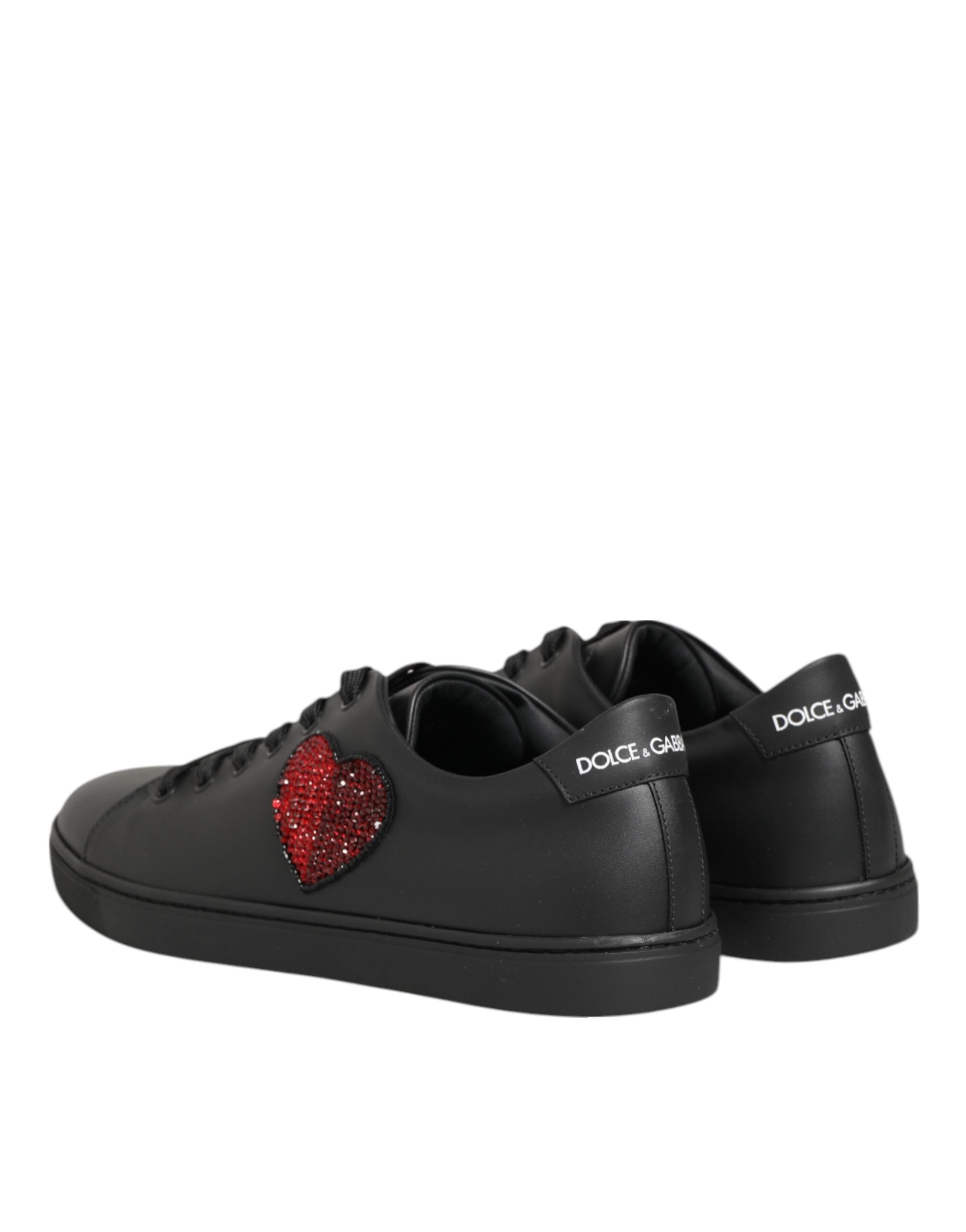 Dolce & Gabbana Μαύρα Δερμάτινα Αθλητικά Παπούτσια Sneakers με Καρδιά από Κρύσταλλα