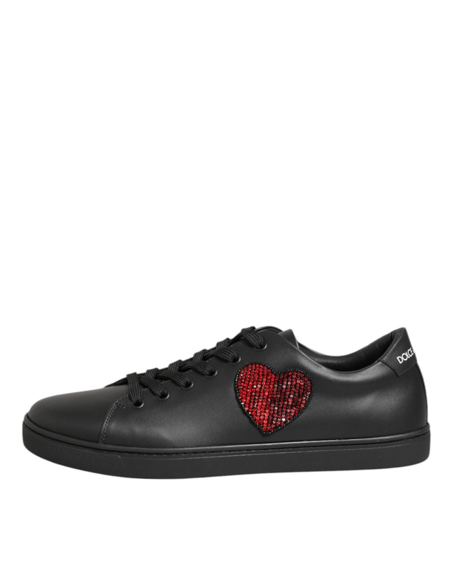 Dolce & Gabbana Μαύρα Δερμάτινα Αθλητικά Παπούτσια Sneakers με Καρδιά από Κρύσταλλα