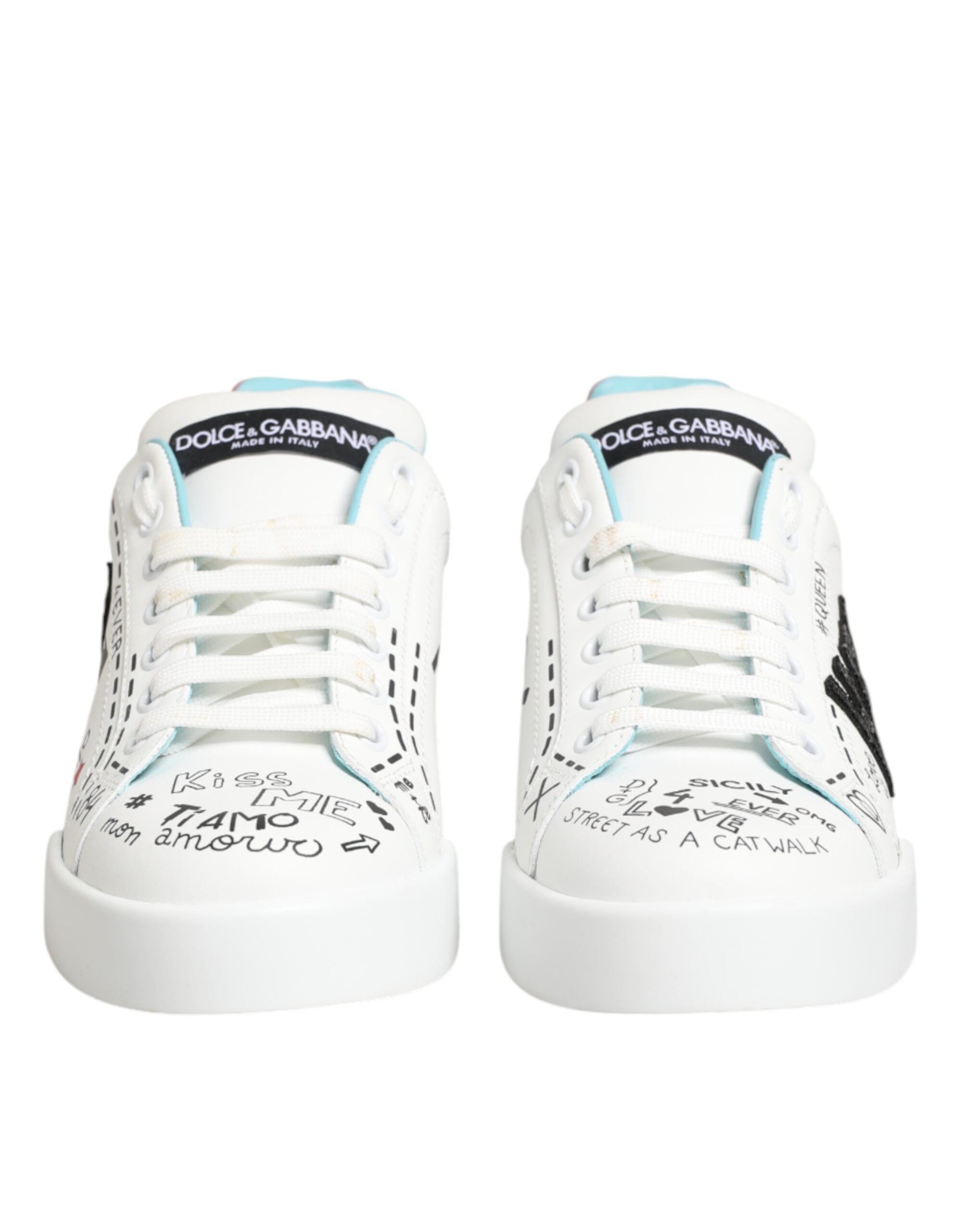 Dolce & Gabbana Λευκά Δερμάτινα Χαμηλά Sneakers με Γκράφιτι