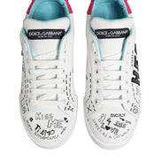 Dolce & Gabbana White Leather Graffiti Low Top Sneakers Shoes