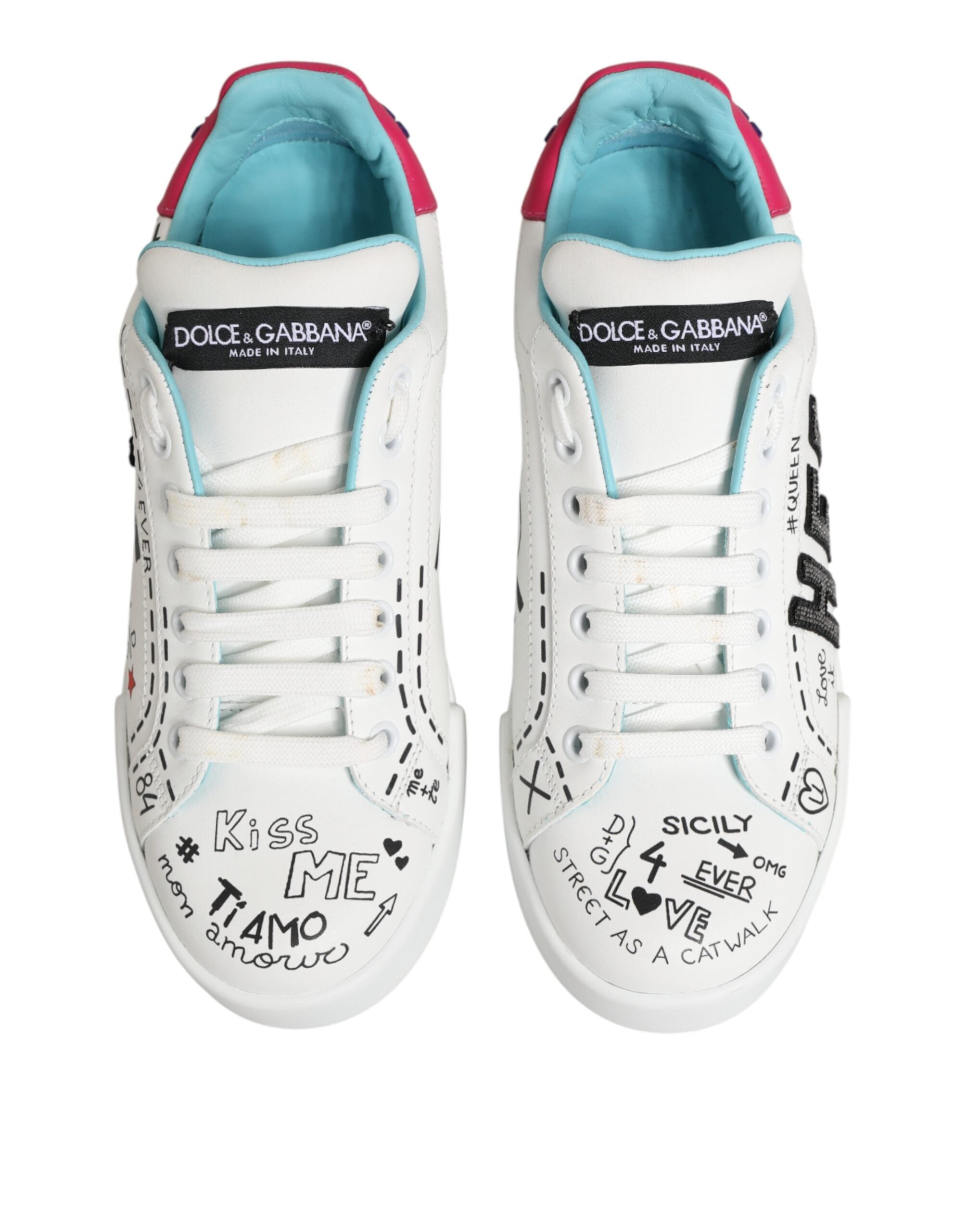 Dolce & Gabbana Λευκά Δερμάτινα Χαμηλά Sneakers με Γκράφιτι