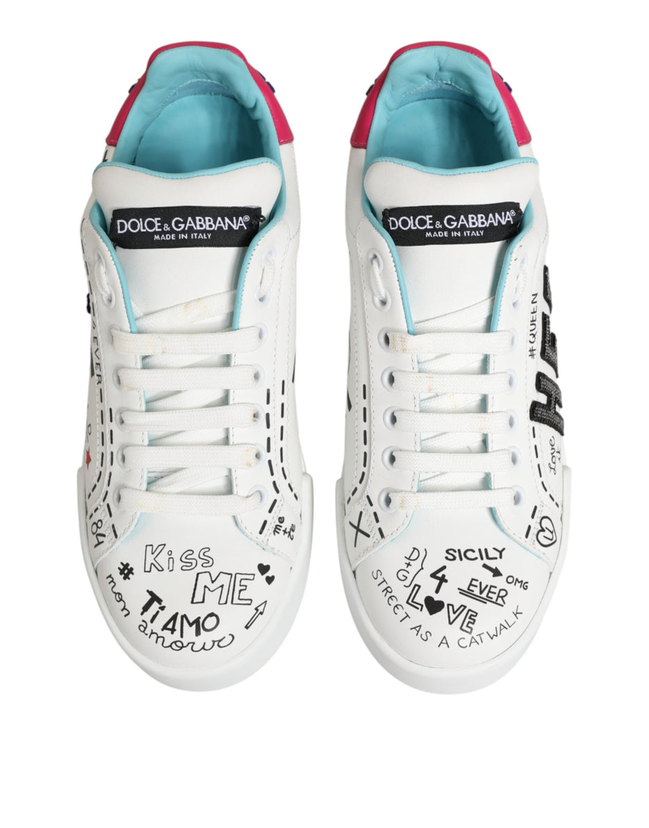 Dolce & Gabbana Λευκά Δερμάτινα Χαμηλά Sneakers με Γκράφιτι