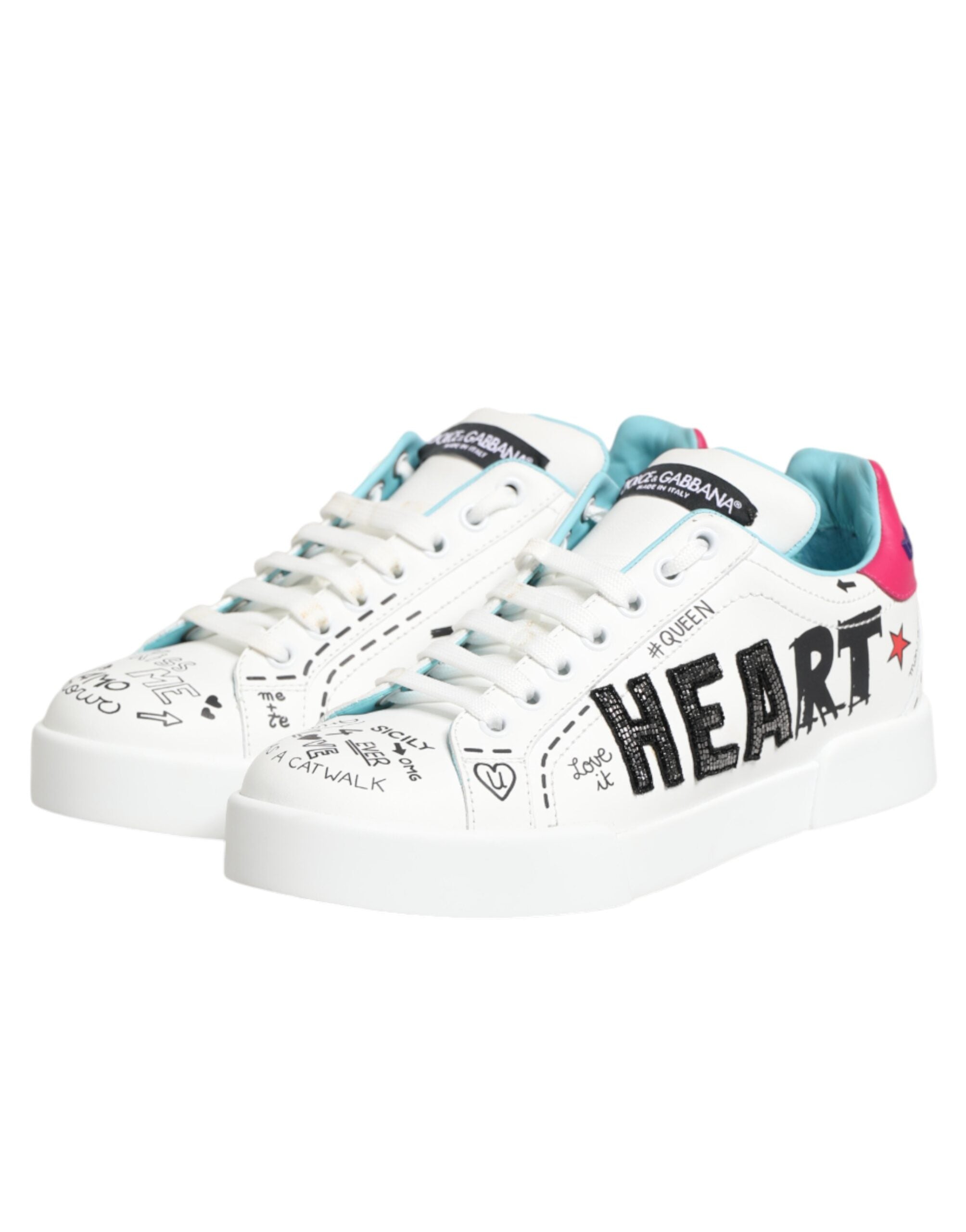 Dolce & Gabbana Λευκά Δερμάτινα Χαμηλά Sneakers με Γκράφιτι