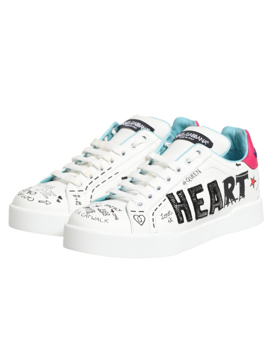 Dolce & Gabbana Λευκά Δερμάτινα Χαμηλά Sneakers με Γκράφιτι