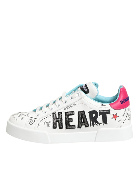 Dolce & Gabbana White Leather Graffiti Low Top Sneakers Shoes