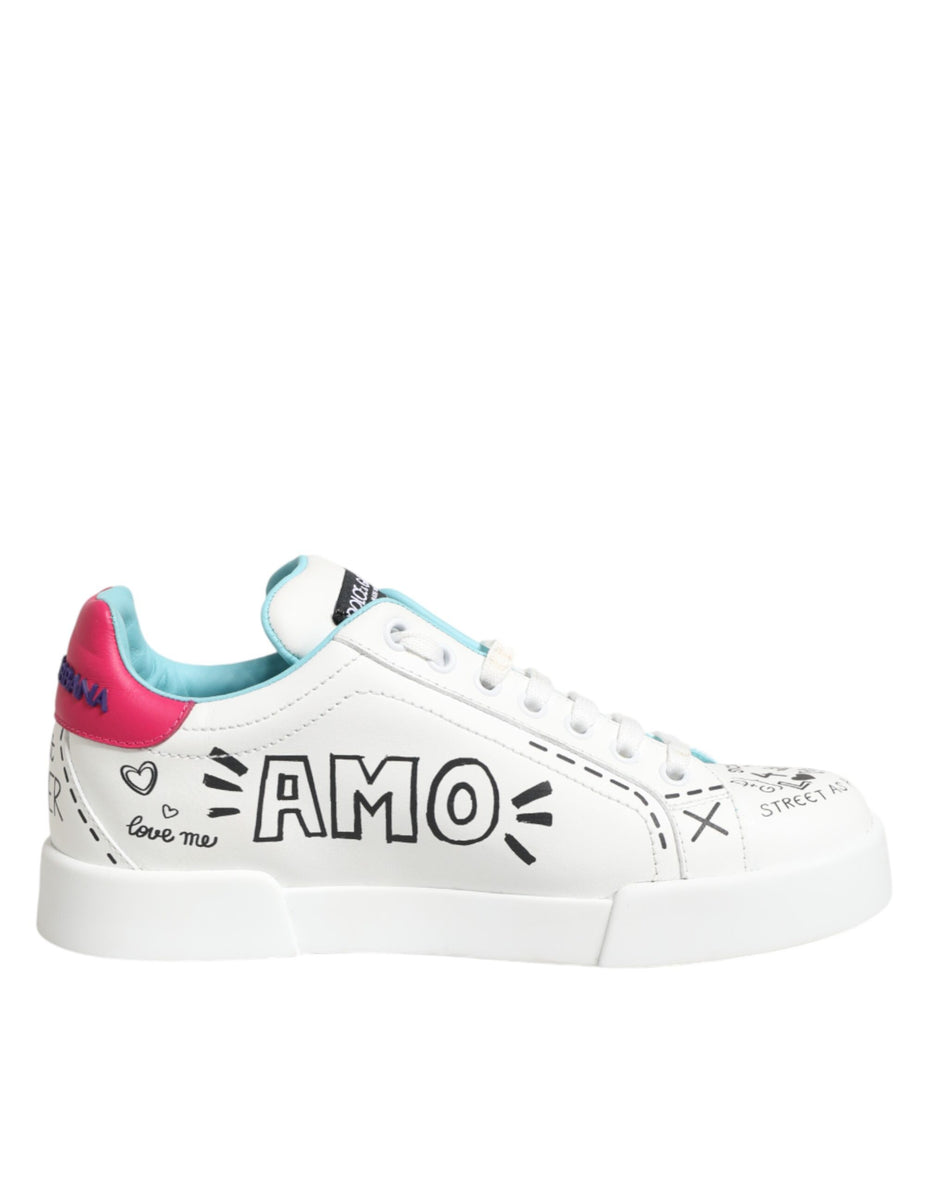 Dolce & Gabbana Λευκά Δερμάτινα Χαμηλά Sneakers με Γκράφιτι